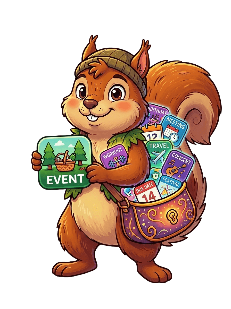 The CalendarSquirrel mascot: a cheerful squirrel in a green cap holding an event ticket and a backpack full of calendars.